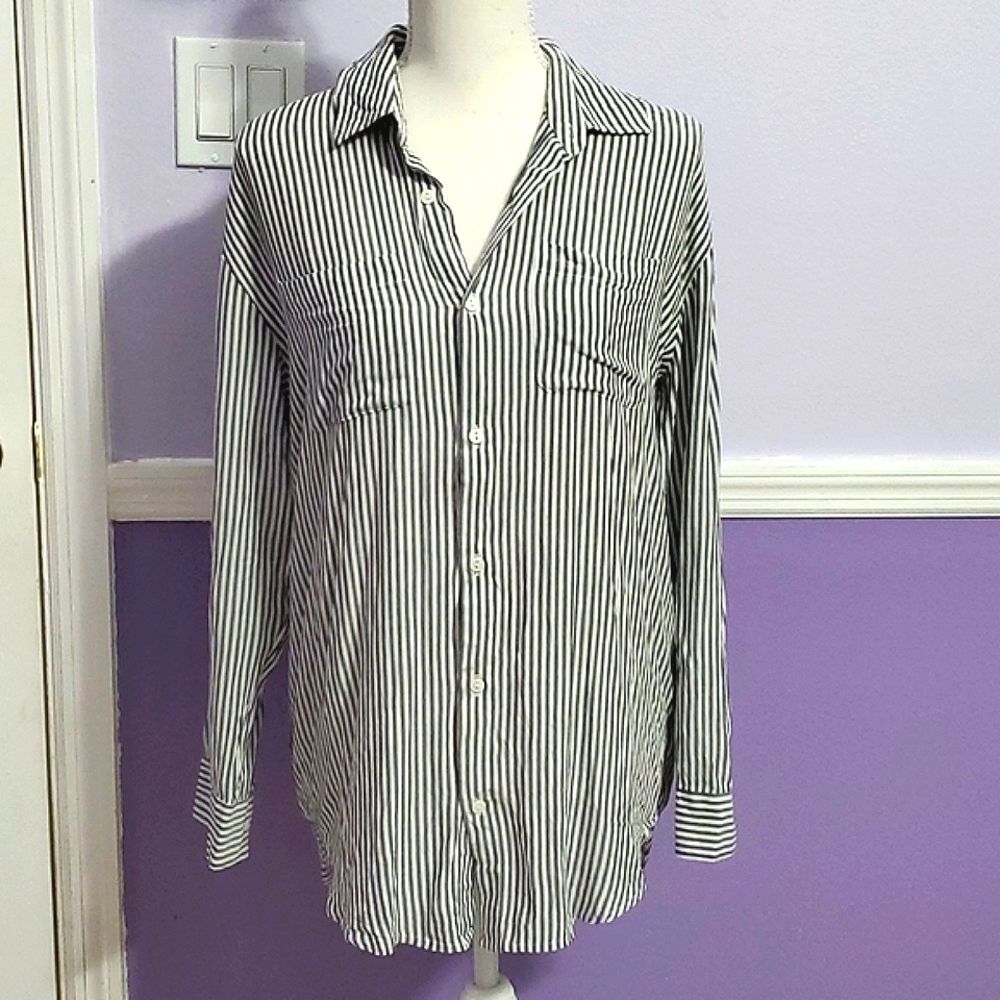 Something Navy Striped Oversized Flowy Lagenlook Button Down Shirt XXS